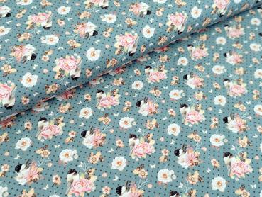 Preview: Baumwolljersey Vogel im Blumenzweig auf Punkte Jeansblau